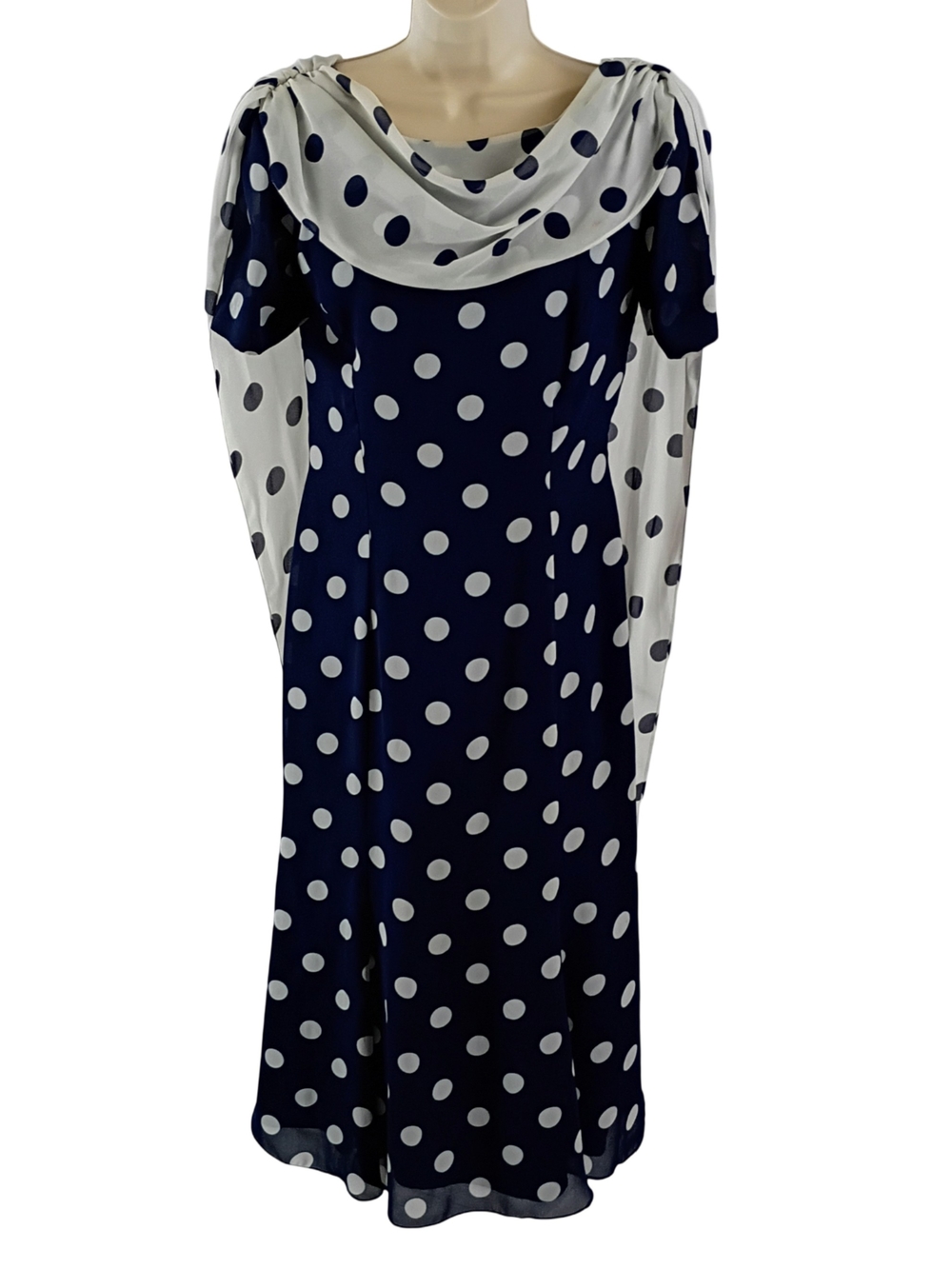 Vintage Navy Polka Dot Midi Dress with Draped Cowl Neck